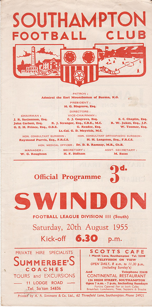 <b>Saturday, August 20, 1955</b><br />vs. Southampton (Away)